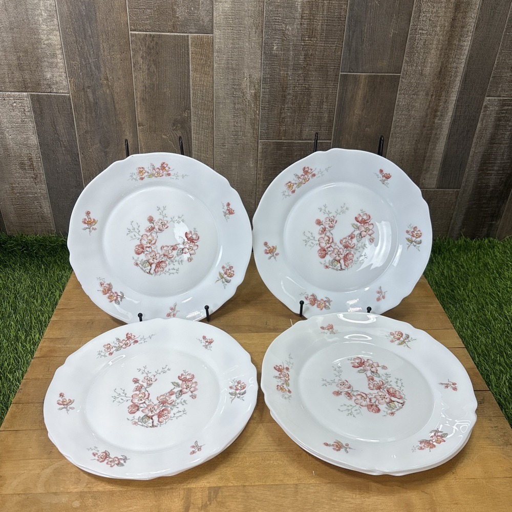 Vintage Arcopal France Florentine Milk Glass Dinner Plates Set of 7 Floral